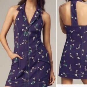 NWT Antropologie Maeve Navy Blue Sleeveless T-Back Dress with Key Print size M